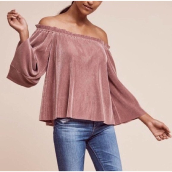 Anthropologie Deletta Vacances Pleated Pink Blouse Off The Shoulder SZ L - Picture 2 of 8